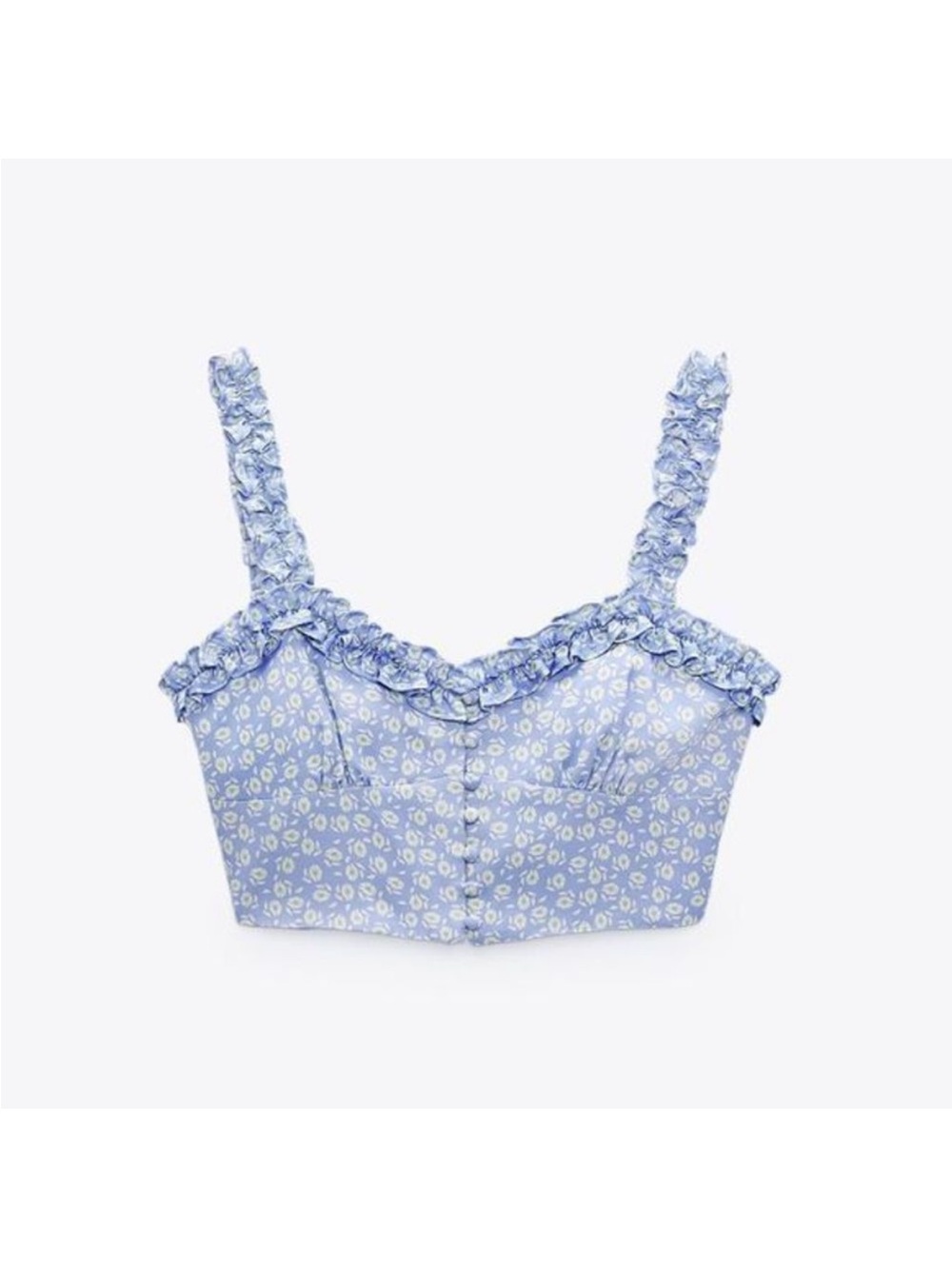NWT Zara | Lavender Floral Print Button Sweetheart Neck Ruffle Crop Top